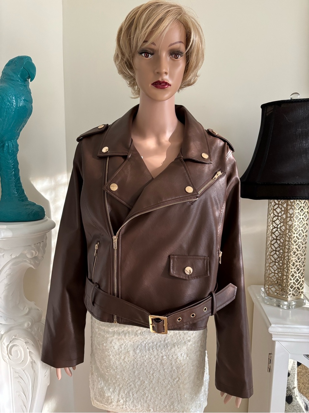 Fashion Nova Chocolate Brown Faux Leather PU Moto Jacket with Belt